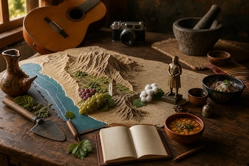 Mapa en relieve sobre una mesa de madera con uvas, algodón, cerámica, una estatuilla, platos de comida, un cuaderno, una guitarra y una cámara.