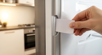 Primer plano de una mano pálida retirando una hoja de papel entre la puerta y el marco de un refrigerador blanco, mostrando los sellos de goma. Al fondo, una cocina moderna.