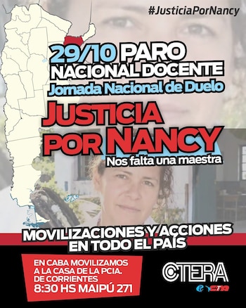 Cartel con la fotografía de una mujer, un mapa de Argentina que destaca la provincia de Corrientes y textos que convocan a un paro docente