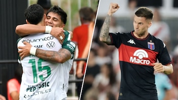 Montaje de dos imágenes de fútbol. Izquierda: dos jugadores de Sarmiento abrazándose. Derecha: un jugador de Tigre celebra con el puño en alto
