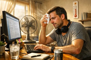 Un hombre caucásico suda mientras trabaja en un computador de escritorio en casa, secándose la frente con una toalla, con un ventilador y un termómetro al fondo.