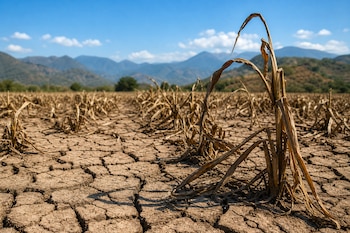 Suelo seco y agrietado con restos de plantas de cultivo marchitas en primer plano y montañas bajo un cielo azul al fondo.