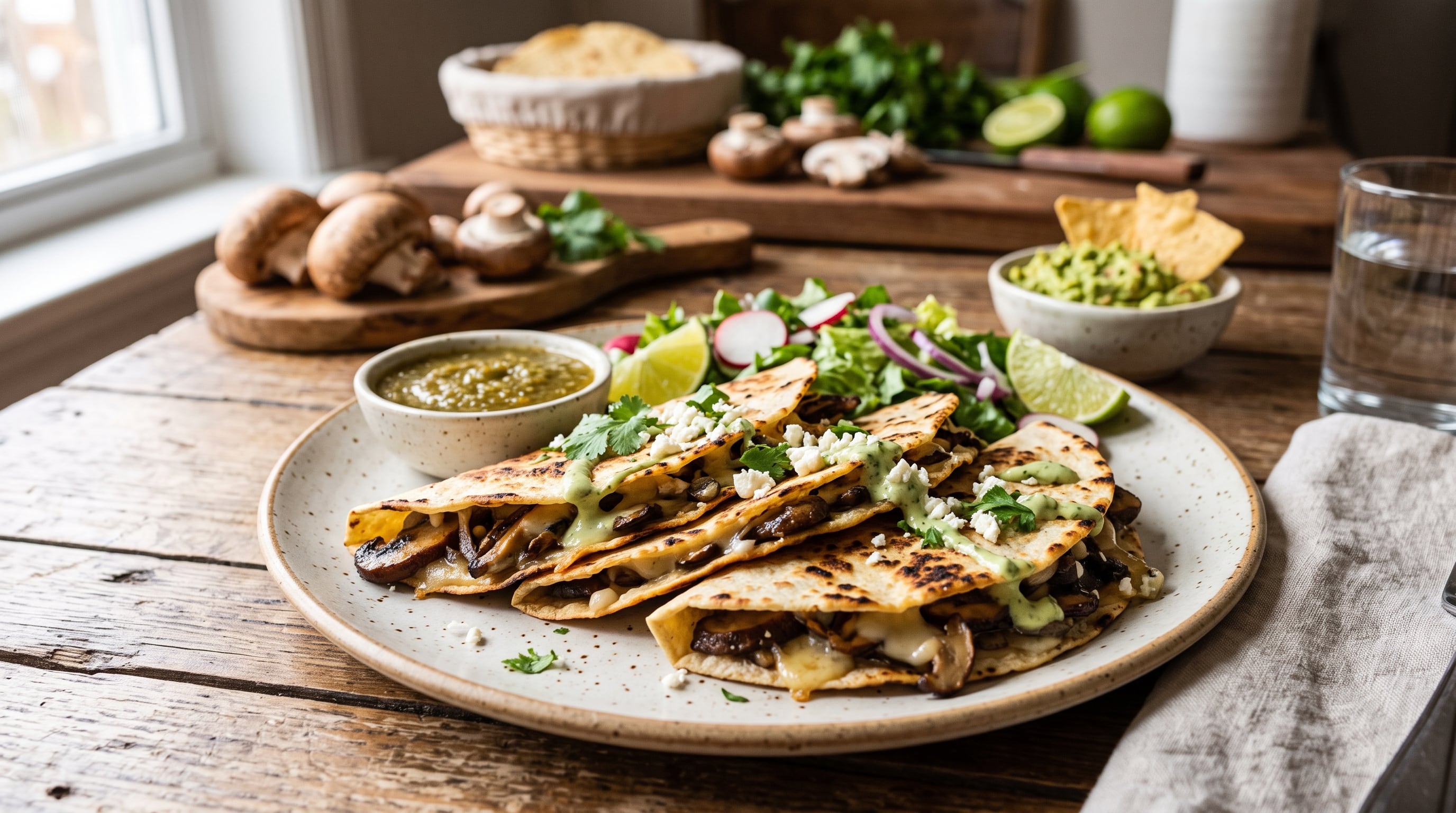 Las quesadillas de hongos y queso fundido se elaboran a la sartén y admiten acompañamientos como guacamole (Imagen Ilustrativa Infobae)