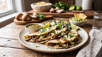 Tres quesadillas de hongos en un plato con salsa verde y ensalada, junto a recipientes con guacamole, lima y hongos frescos sobre madera.