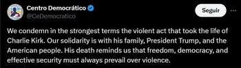 Centro Democrático condenó el asesinato de Charlie Kirk- crédito @CeDemocratico/X