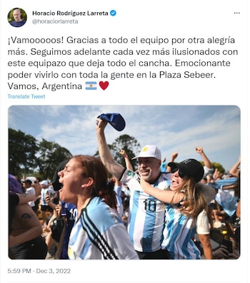 Dirigentes politicos festejan en las redes sociales el triunfo de Argentina