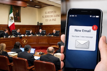 Imagen dividida: a la izquierda, una sesión de la SCJN con jueces y bandera mexicana; a la derecha, una mano sostiene un smartphone con notificación de correo.