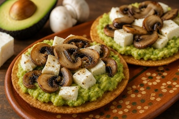 Dos tostadas con puré de aguacate, cubos de queso y champiñones en un plato de barro, con medio aguacate y champiñones enteros detrás.