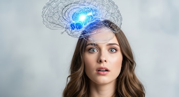 Primer plano de una mujer joven con cabello castaño y expresión de asombro, con un cerebro digital semitransparente flotando sobre su cabeza, mostrando el hipocampo iluminado en azul.