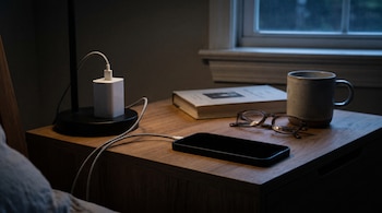 Un smartphone negro boca abajo, conectado a un cargador, reposa sobre una mesa de noche de madera junto a unas gafas, un libro y una taza, en una habitación oscura.