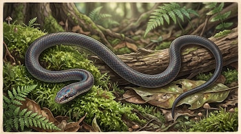 Ilustración de una serpiente oscura sobre un tronco con musgo, helechos, hojas secas y pequeños hongos en un entorno boscoso.