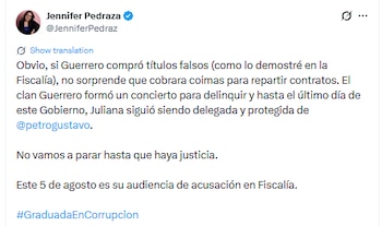 Pedraza se unió al hashtag de "graduada en corrupción" por el escándalo de las coimas - crédito @JenniferPedraz/X