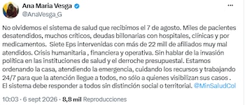 Ana María Vesga afirmó que recibió un sistema de salud con millones de afiliados mal atendidos: "Estamos ordenando la casa" - crédito @AnaVesga_G/X