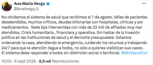 Ana María Vesga afirmó que recibió un sistema de salud con millones de afiliados mal atendidos: