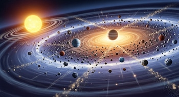 Ilustración de un disco protoplanetario con una estrella, un planeta gigante y múltiples planetesimales orbitando en anillos de polvo y gas.