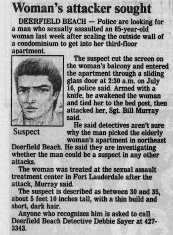 Recorte de periódico en blanco y negro con el titular 'Woman's attacker sought' y el rostro de un hombre joven