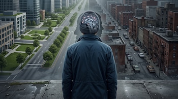 Persona de espaldas frente a dos tipos de barrios urbanos, con el dibujo transparente de un cerebro proyectado sobre su cabeza.