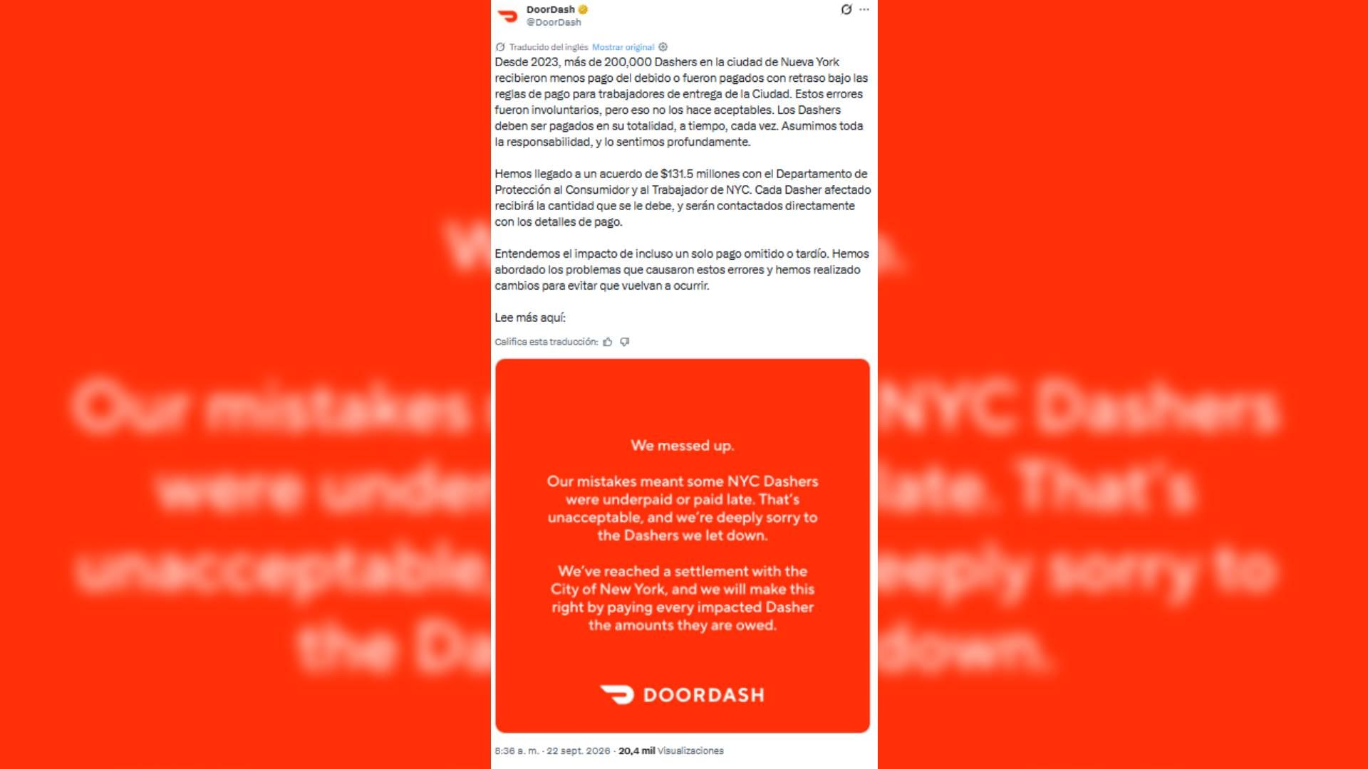 DoorDash anuncia un acuerdo de 131,5 millones de dólares con Nueva York para compensar a más de 200.000 repartidores afectados por pagos incompletos o retrasados.