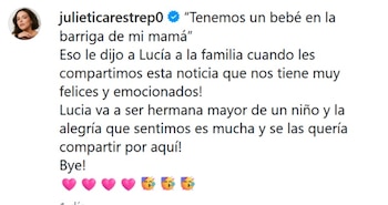 La actriz hizo el anuncio el 3 de julio con una publicación en redes, compartiendo imágenes familiares junto a su esposo y su hija Lucía - crédito @julieticarestrep0/ Instagram