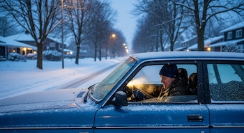 Hombre con gorro y guantes sentado en un coche azul cubierto de nieve, girando la llave de encendido. Nieve cayendo, árboles desnudos y casas con luces al fondo.