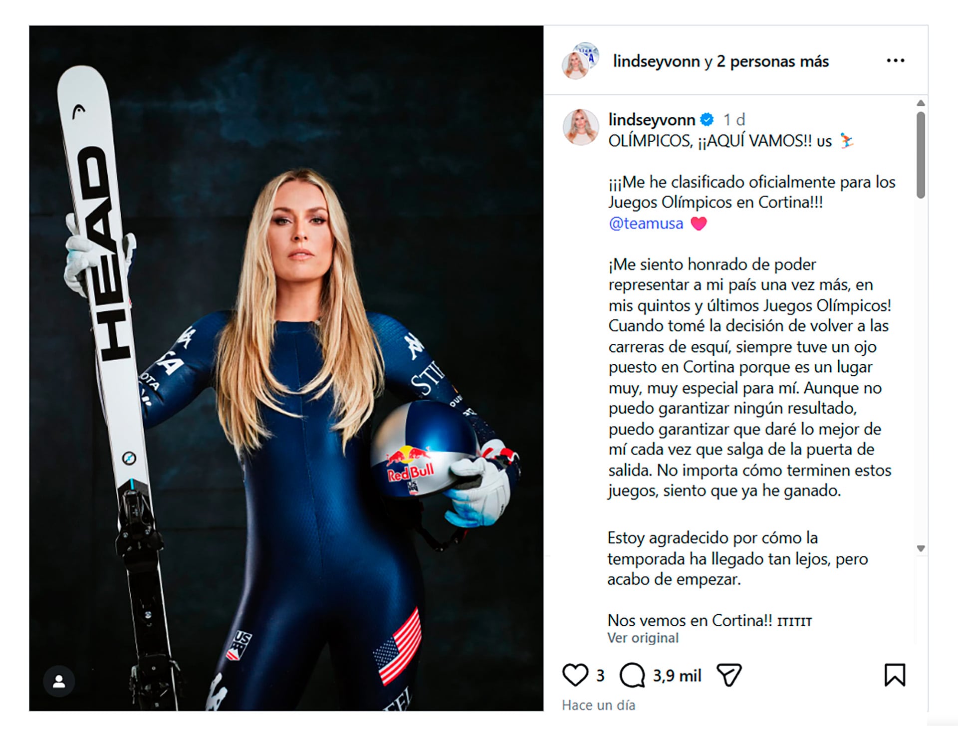 La alegría de Lindsey Vonn tras sellar su clasificación a su quinto Juego Olímpico