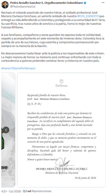 Ministro de Defensa repudió asesinato de soldado en El Tarra y prometió justicia - crédito @PedroSanchezCol/X