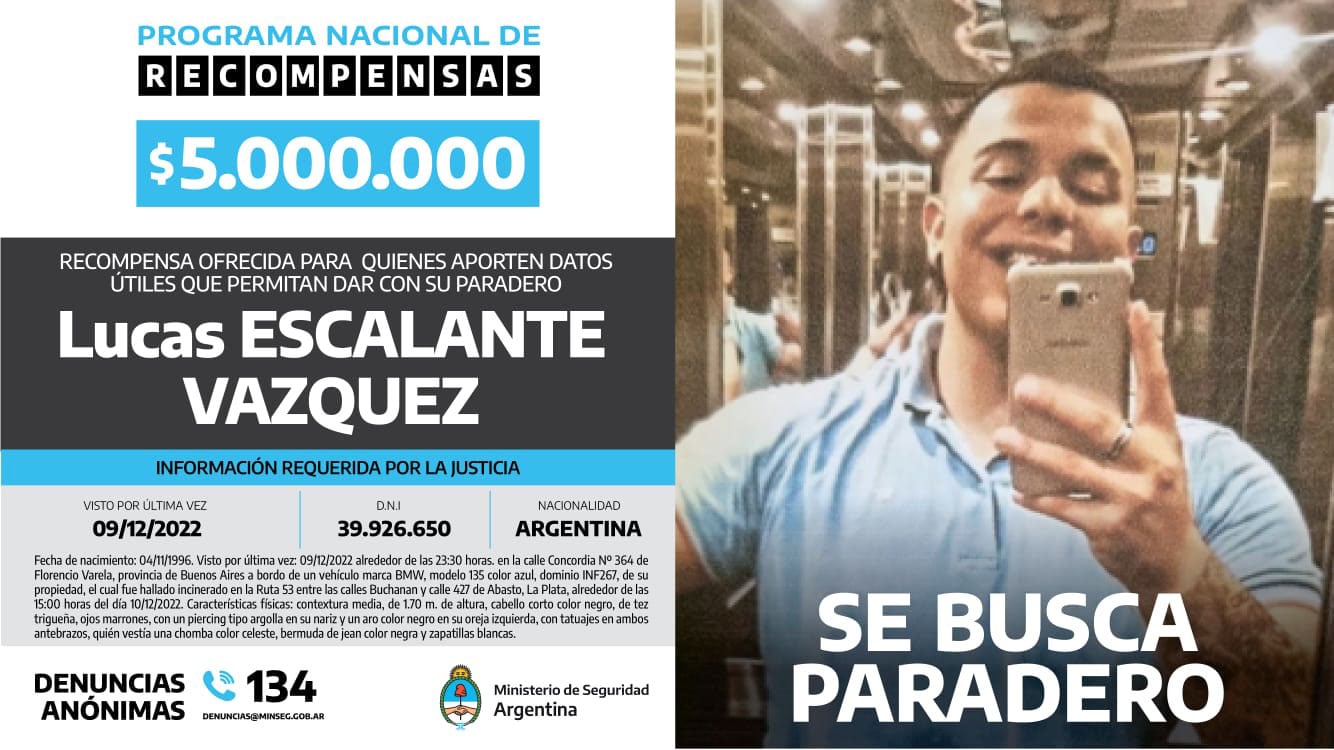 La recompensa por datos para encontrar a Lucas Escalante