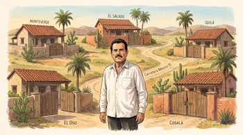 Hombre entre cinco casas rurales con nombres Monteverde, El Salado, Quilá, El Oso, Cosalá. Carretera México 15, palmeras y cactus.