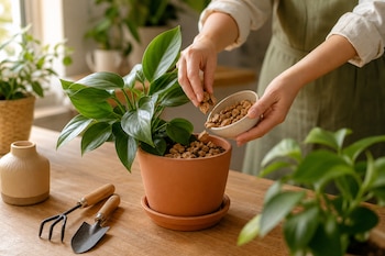 Manos vertiendo trozos de corcho en una maceta de terracota sobre una mesa de madera junto a herramientas de jardinería.