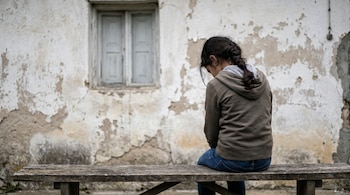 Niña sentada de espaldas en un banco de madera, cabeza baja. Detrás, una pared blanca y desconchada con una ventana cerrada de persianas viejas.