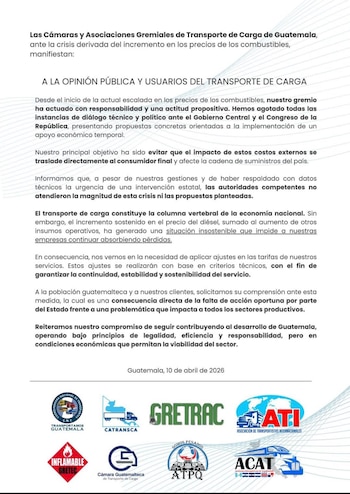 Los gremios presentaron propuestas técnicas y económicas al Gobierno de Guatemala, pero afirman que no obtuvieron soluciones que mitiguen el impacto de la crisis. (Cortesía: Cámara Guatemalteca de Transporte)