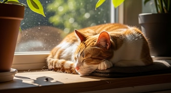 Un gato atigrado naranja y blanco duerme acurrucado sobre un cojín en un alféizar de madera, con la luz del sol entrando por la ventana.