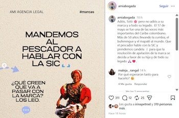 La jurista y creadora de contenido afirmó en su publicación su deseo usando dos referencias de éxitos musicales de Totó la Momposina: " Que el pescador hable con la SIC y prendemos candela para que la resolución de apelación de la marca se decida a favor de su hija y de todo su legado" - crédito @amiabogada/IG