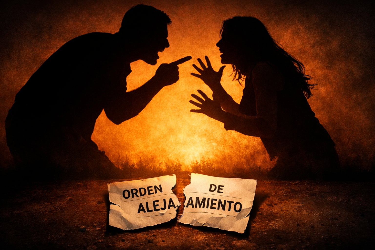 Siluetas de un hombre y una mujer discutiendo vehementemente, con una orden de alejamiento rota en el suelo, simbolizando el conflicto y la separación en casos de violencia doméstica. (Imagen Ilustrativa Infobae)