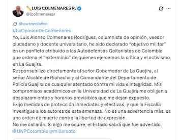 Luis Colmenares publicó las amenazas en su cuenta de X - crédito @lcolmenaresr/X