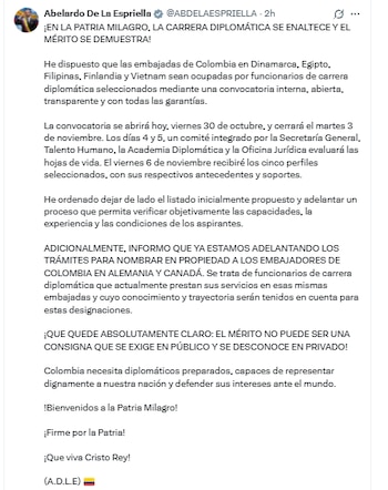 Este fue el mensaje publicado por el presidente sobre las embajadas para candidatos con carreras diplomáticas - crédito @ABDELAESPRIELLA/X