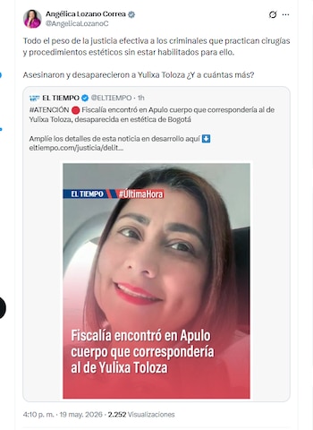 La congresista Angélica Lozano Correa lamentó el asesinato de Yulixa Toloza - crédito @AngelicaLozanoC/X