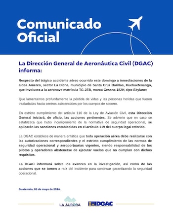 Comunicado oficial de la Dirección General de Aeronáutica Civil (DGAC) en una página azul y blanca con texto sobre un accidente aéreo