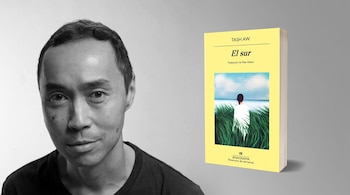Retrato en blanco y negro de un hombre a la izquierda y la portada del libro amarillo El sur a la derecha.