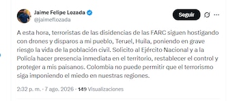 El excongresista Jaime Felipe Lozada, del departamento del Huila, informó sobre ataque terrorista en Teruel - crédito @jaimeflozada/X