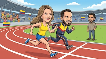 Caricatura de Paloma Valencia corriendo delante de Abelardo de la Espriella en una pista atlética, con Iván Cepeda de pie al margen y público en gradas.