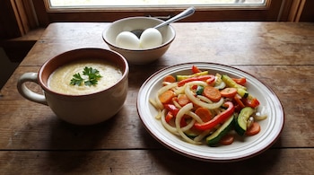 Taza de polenta con perejil, plato con cebolla, zanahoria, morrón rojo, zapallito, y compotera con dos huevos cocidos y cuchara sobre mesa de madera.