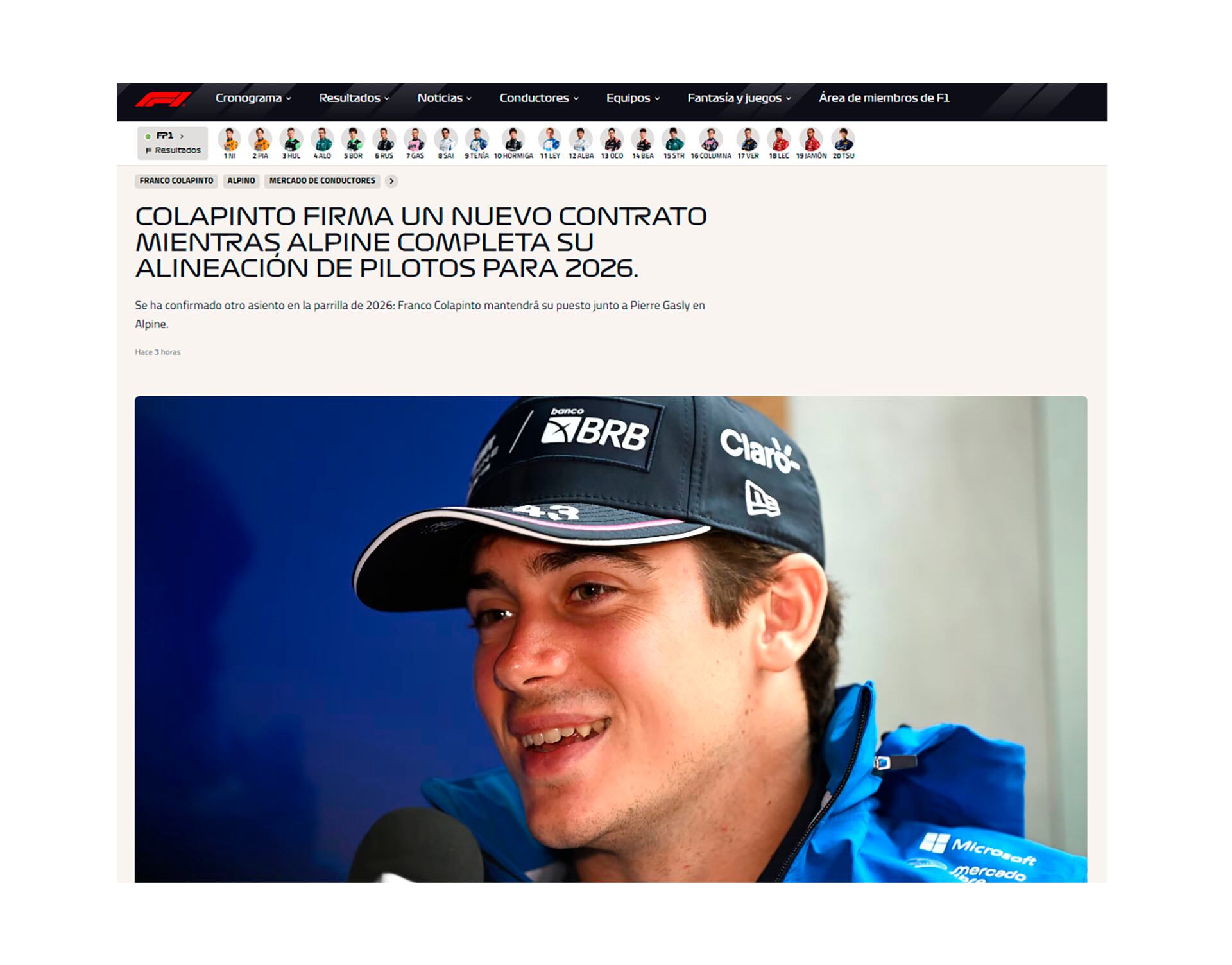 El artículo de la F1 sobre la continuidad de Colapinto