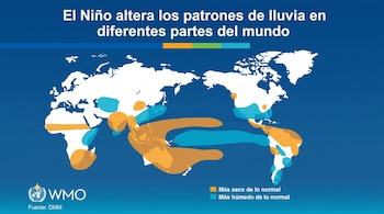 Mapa mundial sobre un fondo azul que muestra continentes en blanco. Áreas naranjas indican sequía y áreas azules indican mayor humedad debido a El Niño. Logo WMO.