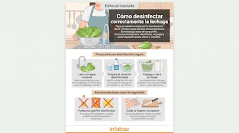 Infografía de cocina con una mujer lavando lechuga en un fregadero. Muestra tres pasos para desinfectar lechuga y recomendaciones de seguridad alimentaria.