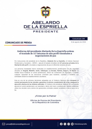 El Gobierno de Colombia dejó abierta la posibilidad de nuevos traslados para ampliar su estrategia contra la criminalidad y reforzar el sistema penitenciario - crédito @defensoresco/X