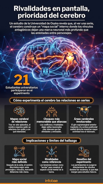 Infografía con un cerebro, redes neuronales, figuras humanas estilizadas que muestran interacción, y secciones de texto explicativo sobre un estudio.