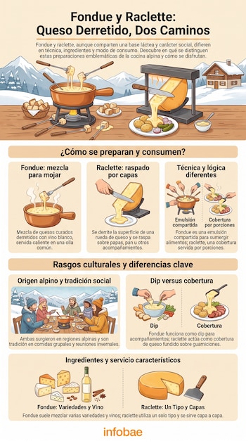 Infografía ilustrada con secciones explicativas sobre fondue y raclette, sartenes, queso derretido, guarniciones y un paisaje alpino de fondo.