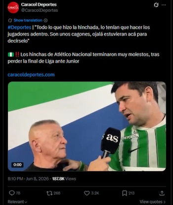 La hinchada del cuadro "Verdolaga" se mostró dolida por la derrota ante Junior-crédito @CaracolDeportes/X