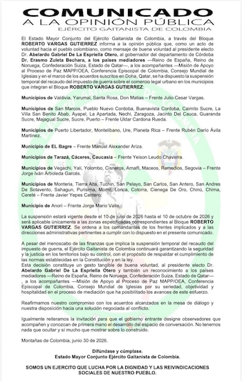 La medida del Clan del Golfo se limitará a los municipios bajo control del bloque Roberto Vargas Gutiérrez en Antioquia y Córdoba - crédito @UltimaHoraCR/X